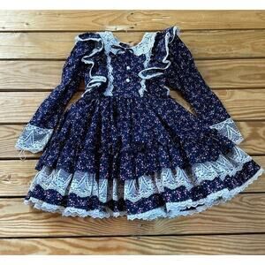 Vintage Mini World Inc Floral Lace Trim Dress Size 4 Girl’s Blue
